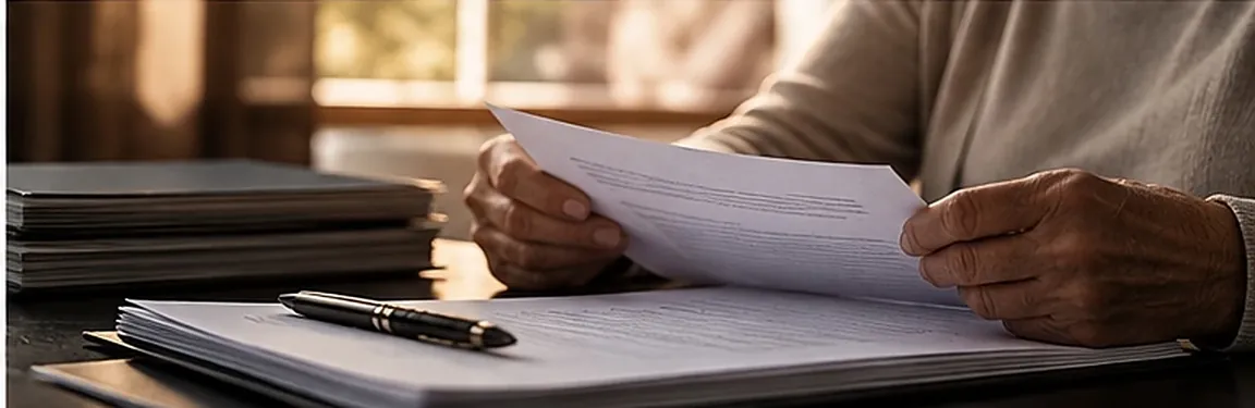 Pessoa idosa lendo documentos à mesa