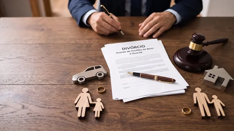 Contrato de divórcio sobre a mesa, com alianças, miniaturas de família, casa e carro