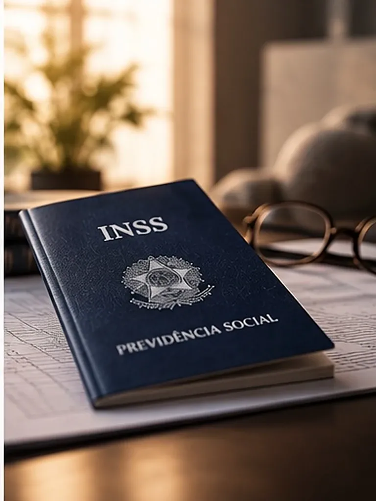 Carteira da Previdência Social sobre documentos, com óculos ao lado