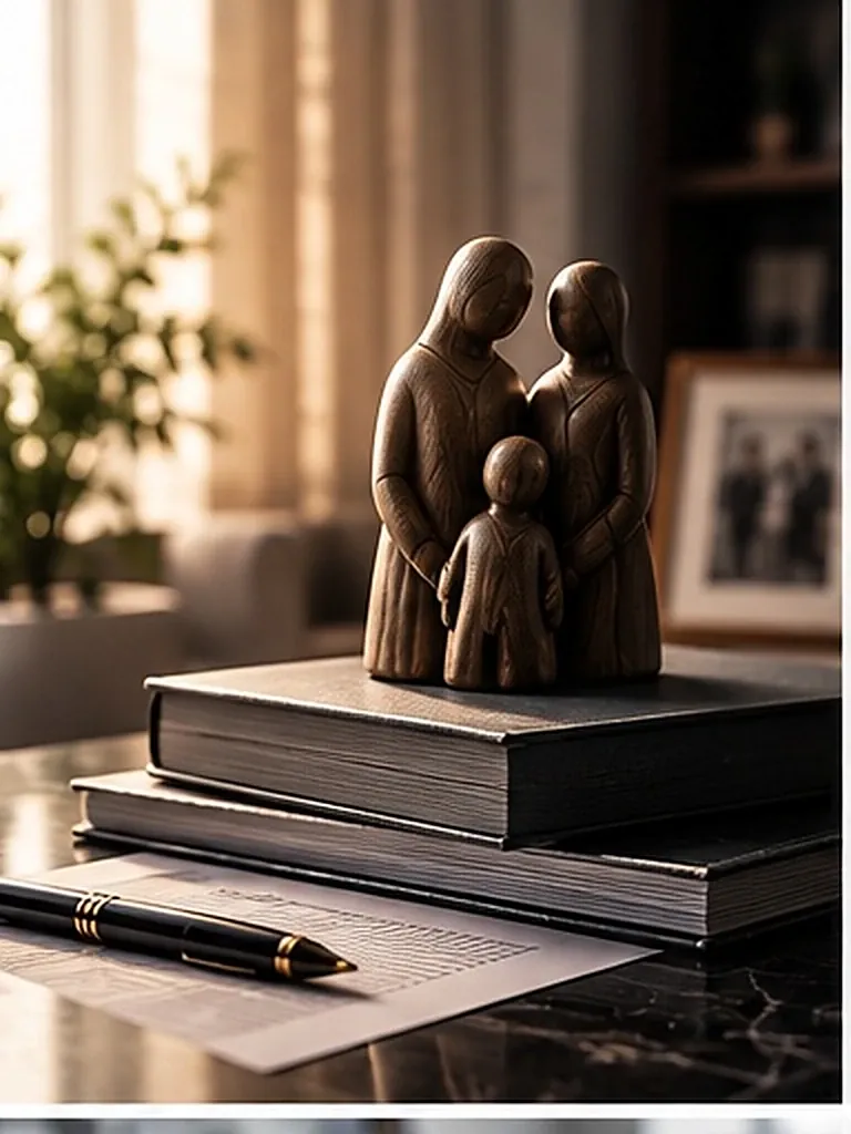 Escultura de família sobre livros, com porta-retratos ao fundo