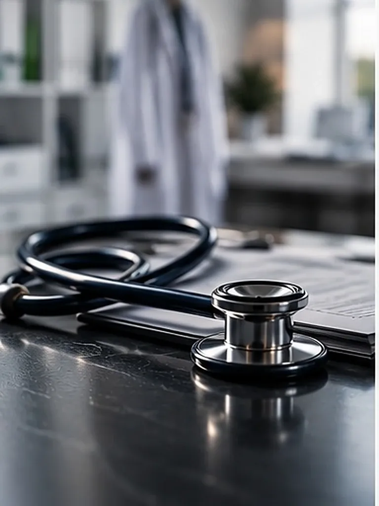 Estetoscópio sobre documentos médicos, com profissional de jaleco ao fundo