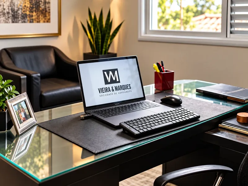 Mesa de trabalho com notebook exibindo a marca Vieira & Marques, no escritório em Boituva