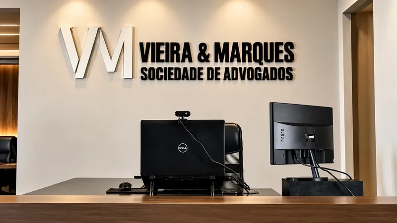 Recepção do escritório Vieira & Marques, com o logotipo na parede